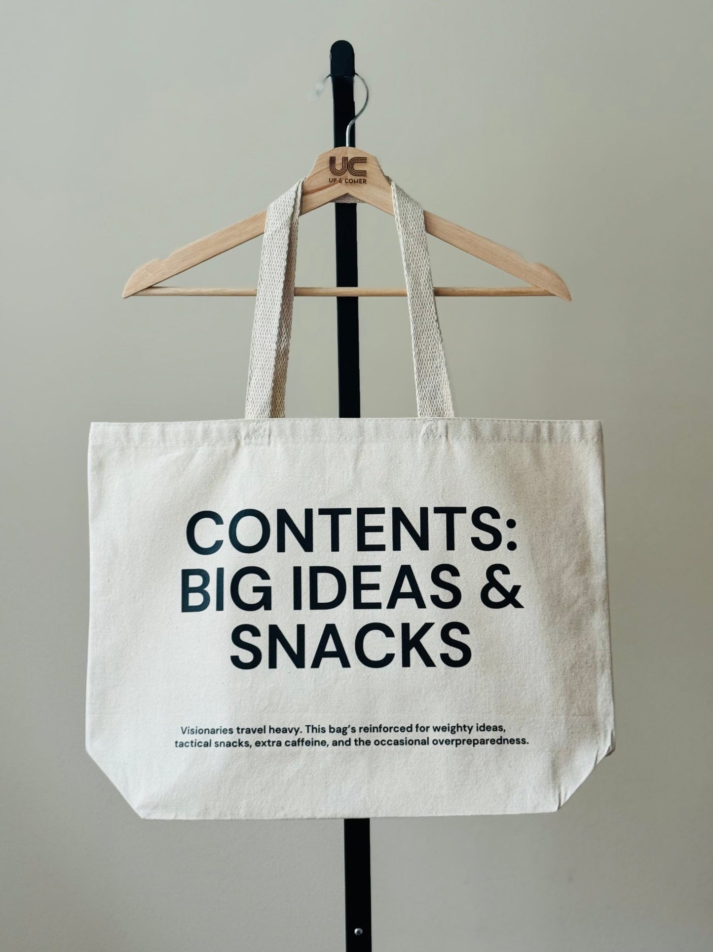Shop the Contents: Big Ideas & Snacks Tote Bags at Up & Comer. Free shipping!