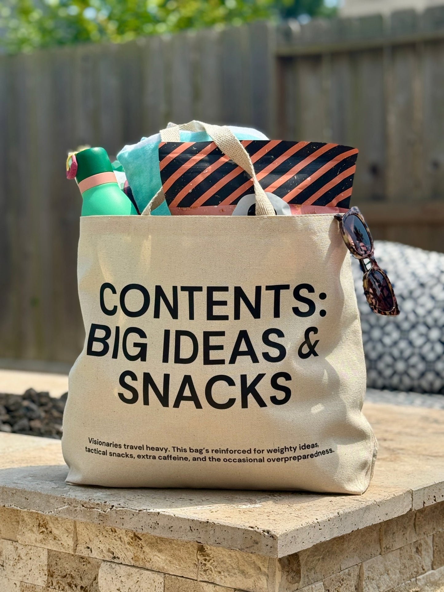 Shop the Contents: Big Ideas & Snacks Tote Bags at Up & Comer. Free shipping!
