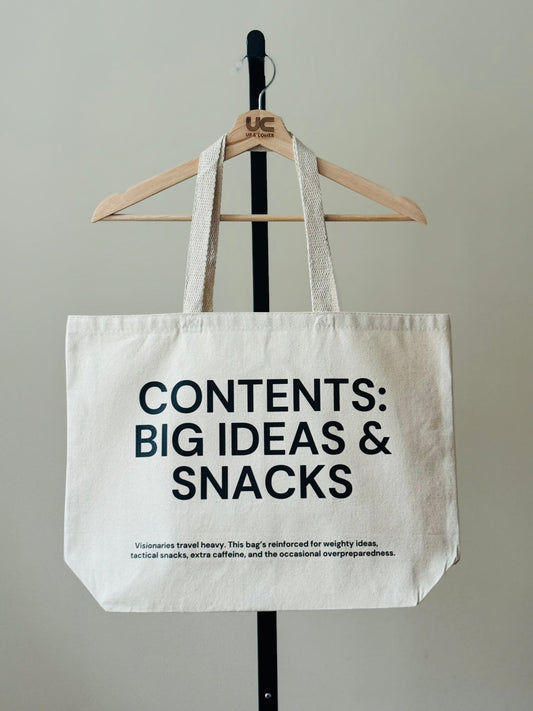 Shop the Contents: Big Ideas & Snacks Tote Bags at Up & Comer. Free shipping!